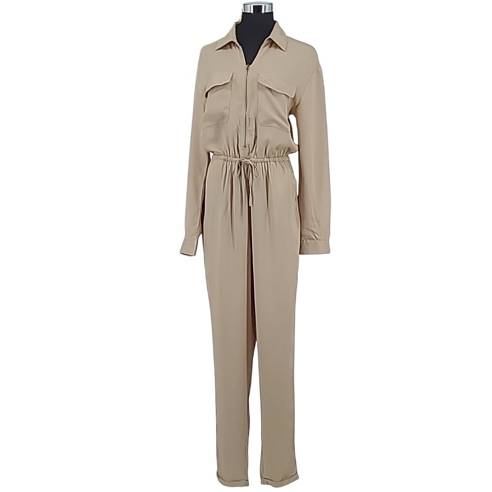 Toxik3 Womens Tan Utility Jumpsuit Long Sleeve Zip Front Drawstring Waist Size M
